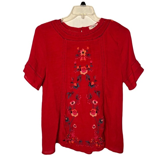 Umgee | Red Embroidered Floral Short Sleeve Peasant Blouse, Large - Picture 1 of 9